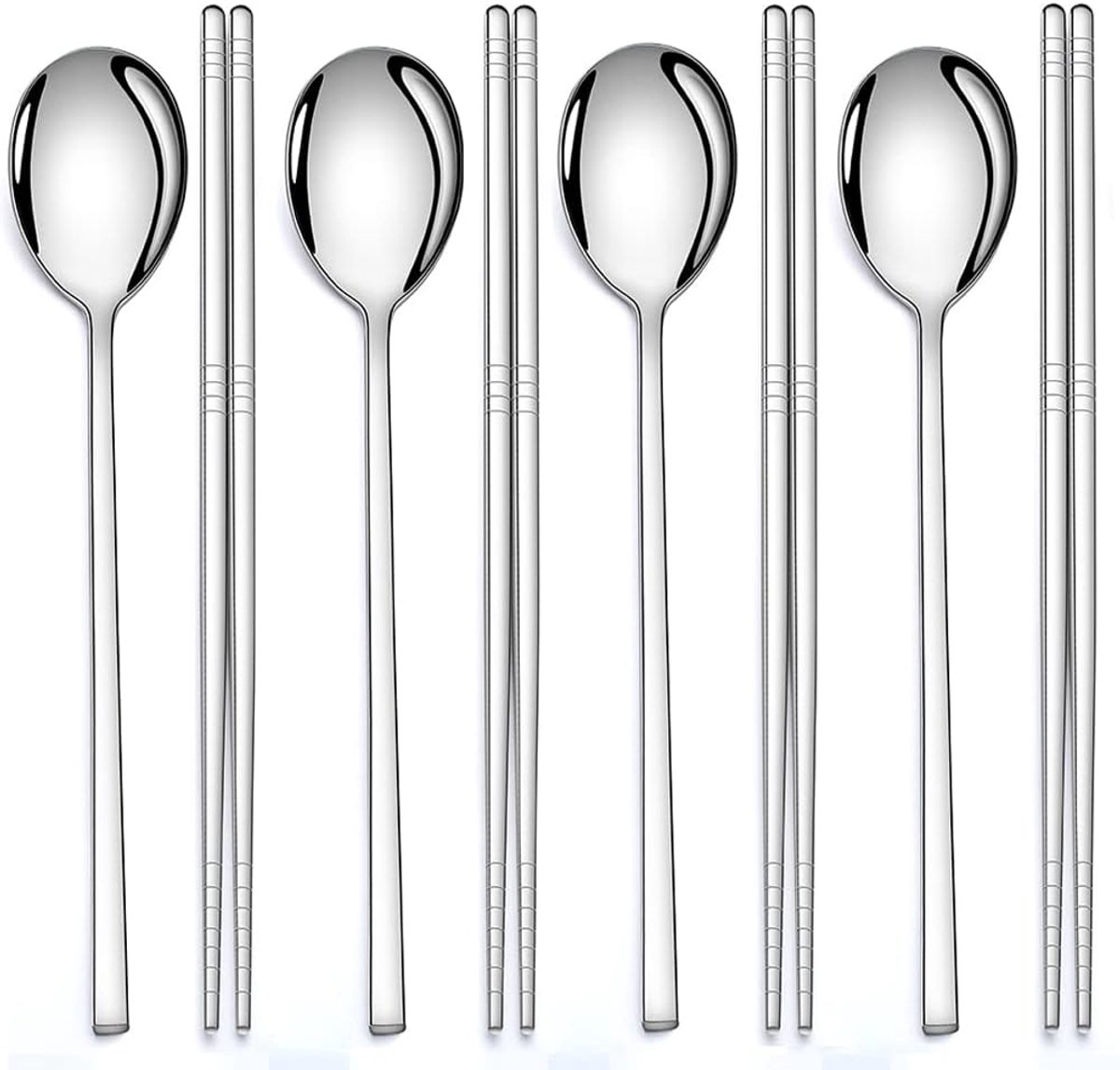 SnelShoppen - 4 Pairs RVS Chopsticks en Lepel Set, Herbruikbare Metalen Keuken Gereedschap voor Thuis, Restaurant, Keuken - Lang Handvat, Hygiënisch,