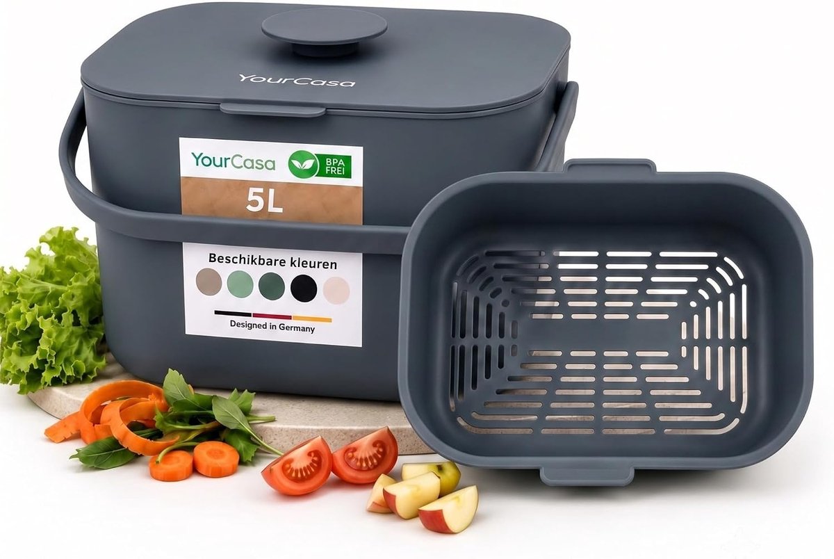 SnelShoppen - Kitchen Compost Bin Caddy 5L - Ergonomische Handgreep - Afgedekte Afvalbak voor Keuken - Vaatwasserbestendig en Geurresistent Composteer