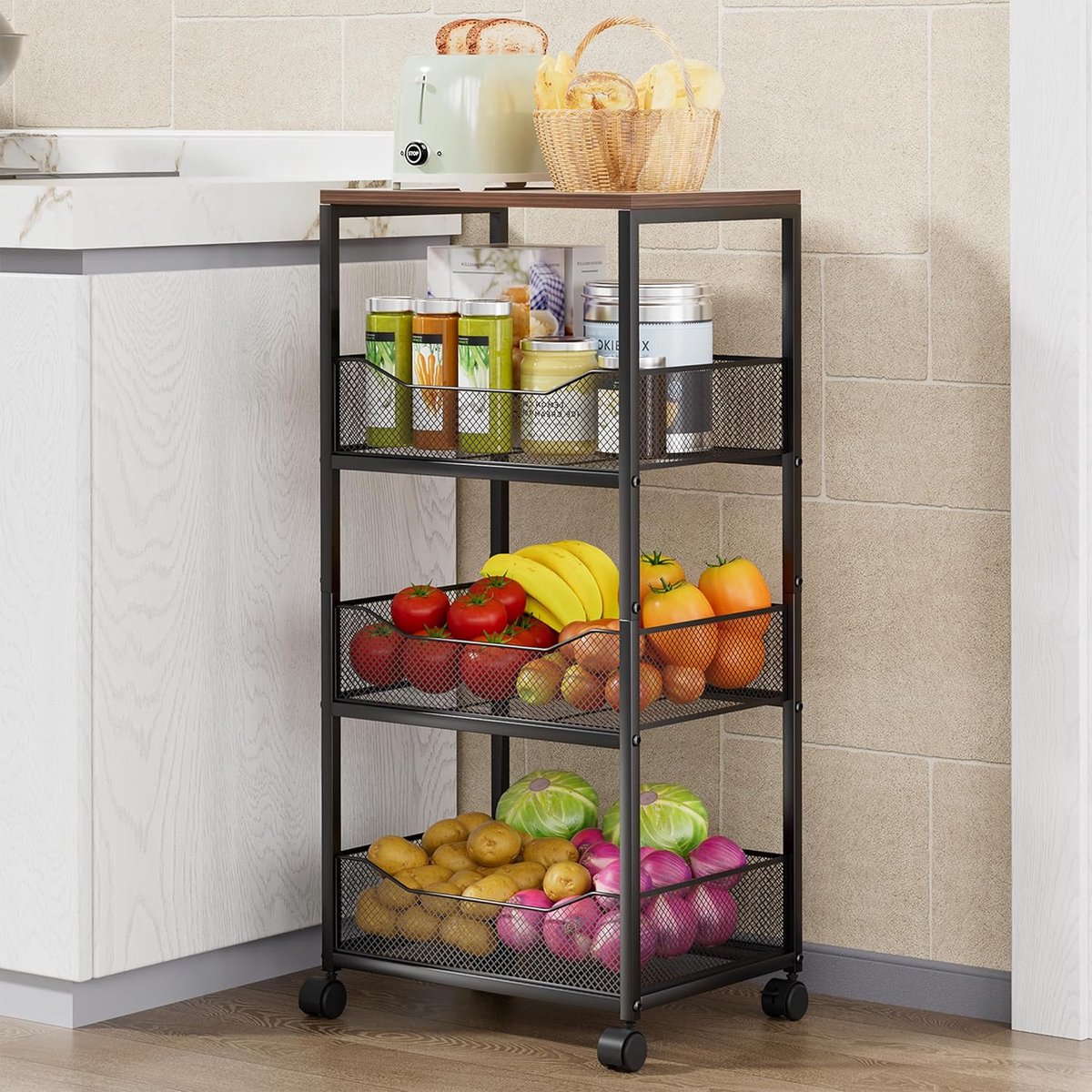 SnelShoppen - 4-Tier Keuken Kar met Wielen - Fruit en Groente Opbergmand met Houten Bovenblad - Multifunctionele Keukenoplossing - Ruimtebesparend en