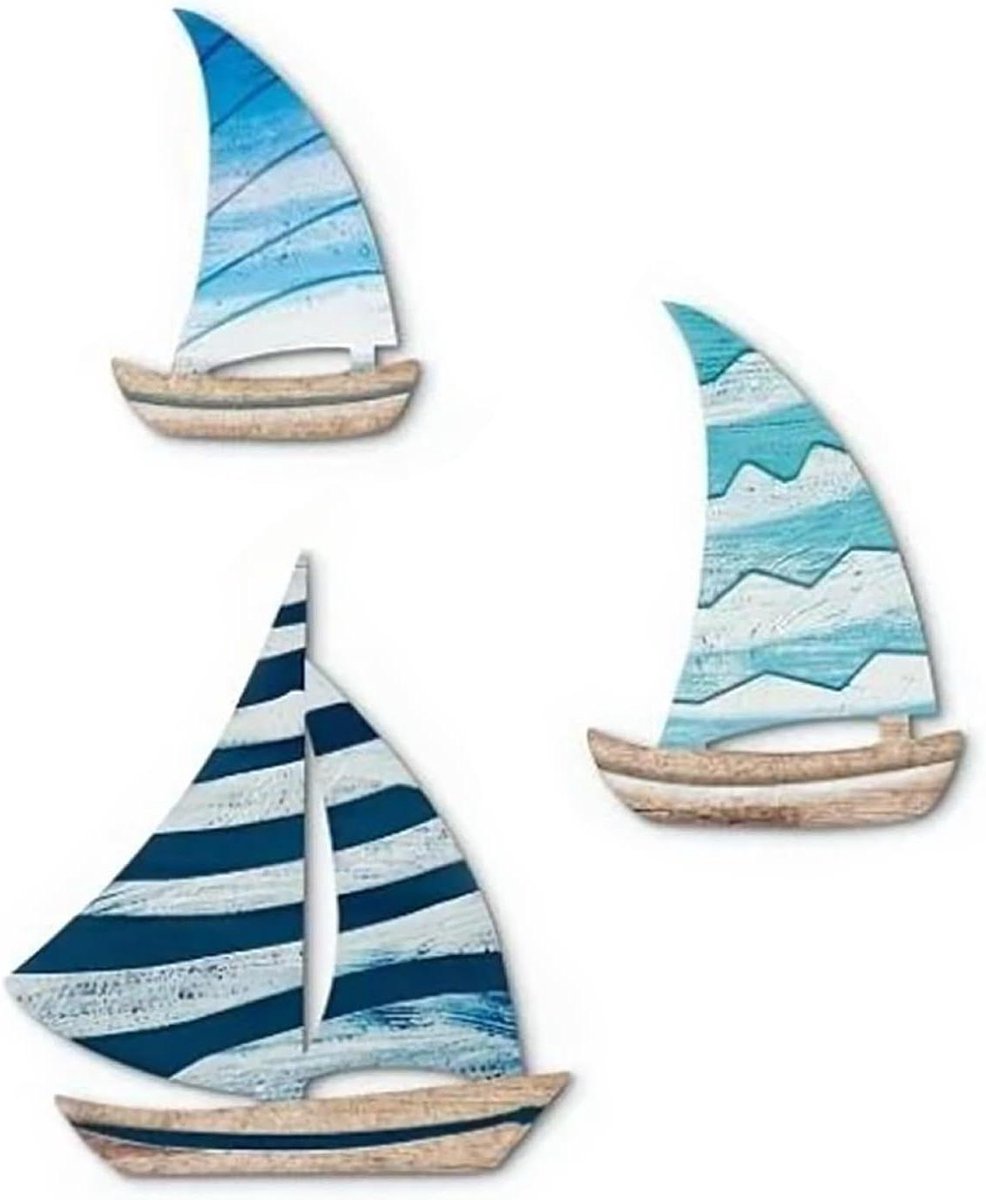 Zeilboot Wanddecoratie - Nautische Kunst - Kustsfeer Creëren - Drie Verschillende Maten - 3 stuks - Blauw Wit