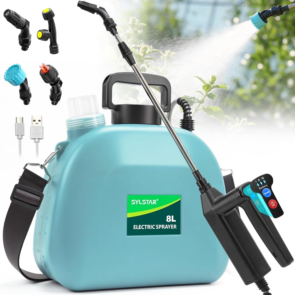 SnelShoppen - Draadloze Tuinspuit 8L, Elektrische Spuit met 3 Snelheden, 4 Verstuivers en 60cm Telescopische Steel, USB Oplaadbare Handgreep voor Tuin