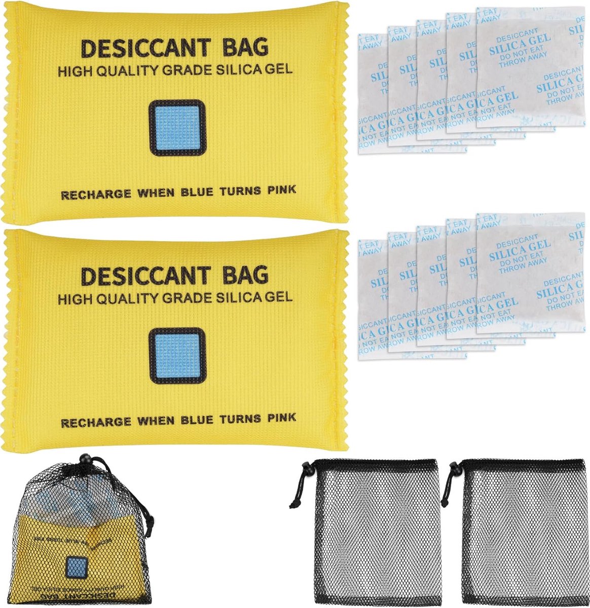 SnelShoppen - 2-Pack 200g & 10-Pack 10g Auto Ontvochtiger, Herbruikbare Vochtabsorber voor Auto en Huishouding, Anti-fog & Vochtbestrijding