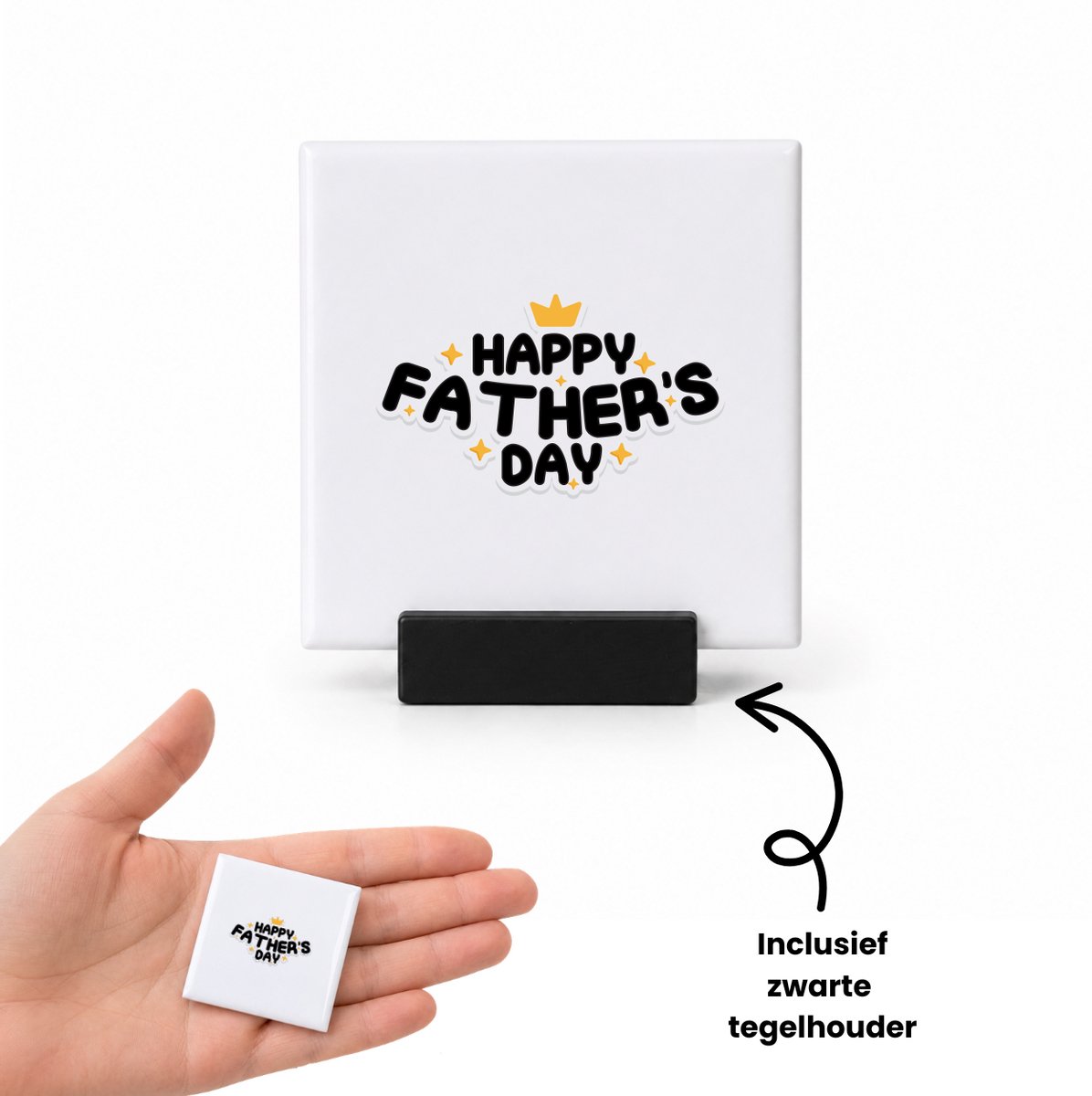 Hacebo Happy fathers day in zwart met kroontje tegeltje met tegelhouder - Papa - blije papa - tegeltjes met tekst - Vaderdag cadeautje - Cadeau voor papa - Verjaardag - Geschenk - Cadeau - Gift - spreuktegels - 4.8x4.8 CM Wit