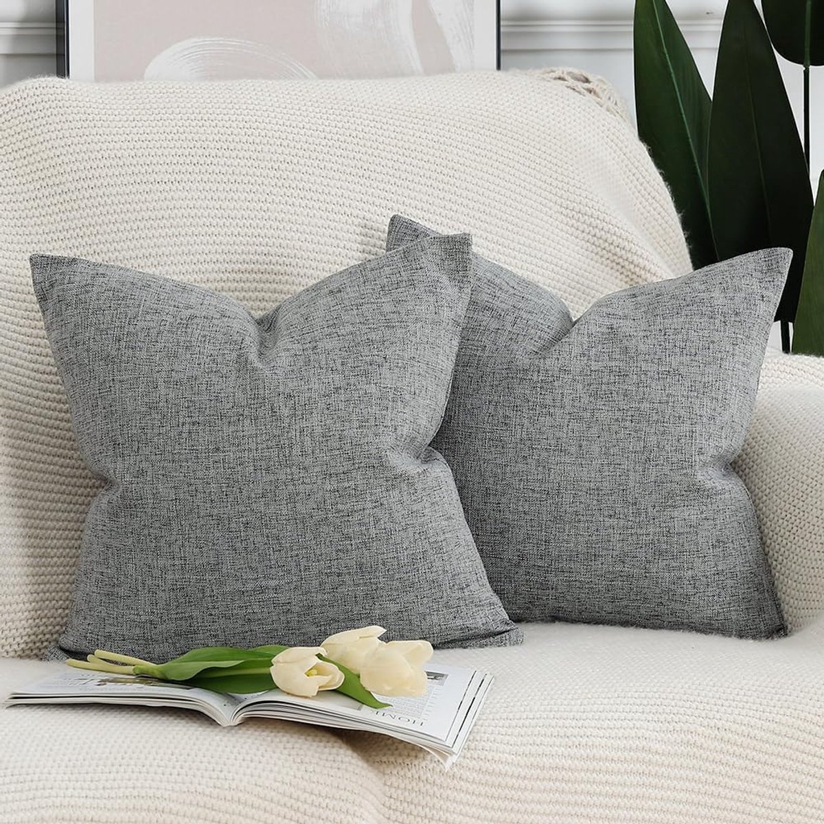 SnelShoppen - Set van 2 Kussenslopen 50x50cm Grijs - Zachte Decoratieve Kussenhoezen voor Bank en Slaapkamer - 100% Polyester Faux Linnen