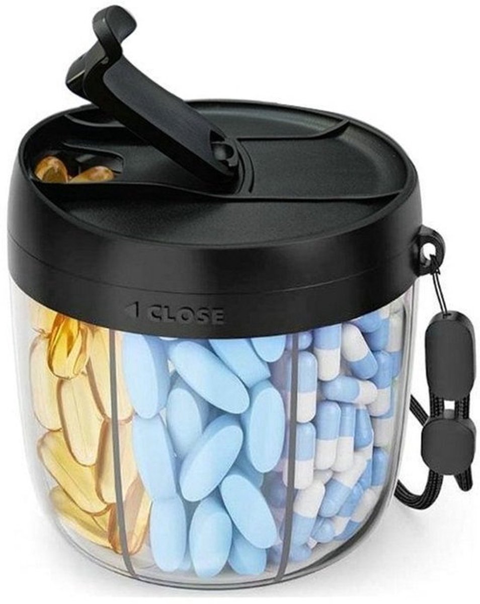 Leuke pillendoos - pillendoos met 7 grote compartimenten - draagbare pillendoos - voor medicijnen en snoep - zwart - 9.7×8.9×8.9cm