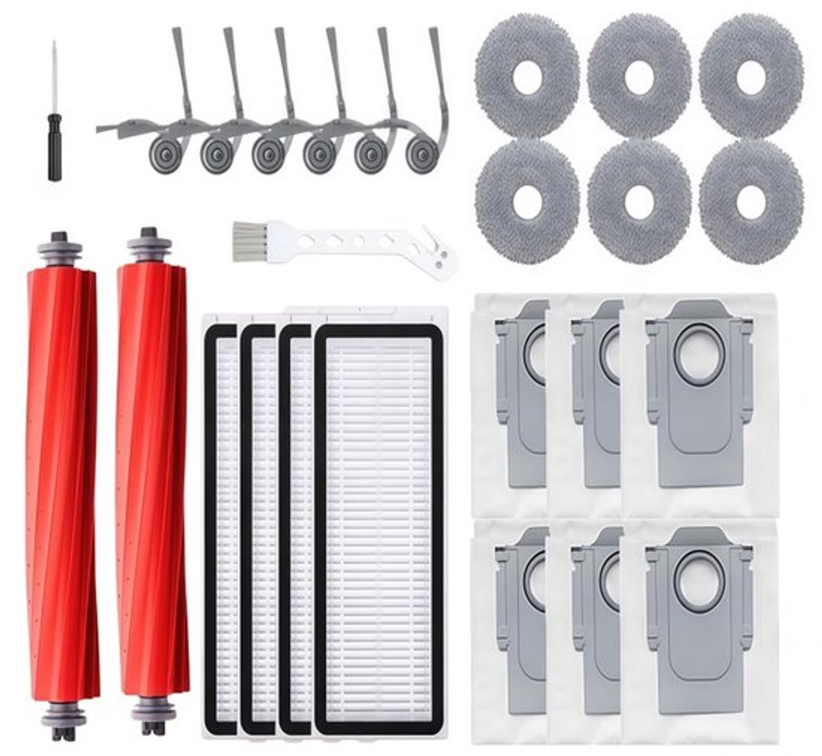 Accessoiresset - 26-delige - Geschikt voor Roborock QV 35A/QV 35S/Q Revo L Robotstofzuiger - 2 Hoofdborstel, 6 Zijborstels, 4 HEPA-filters, 6 Dweilpads, 6 Stofzakken, 1 Reinigingsborstel, 1 Schroevendraaier