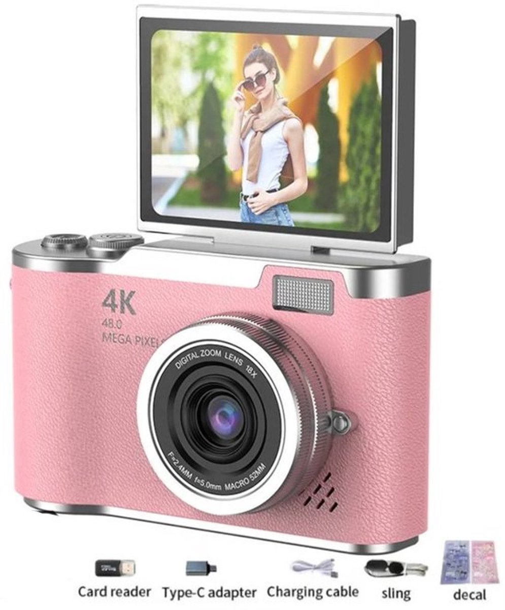 4K Digitale Camera 48MP met Flip Screen Roze – Selfiecamera met 8x Zoom + 32GB Geheugenkaart - Vlogcamera - Camera voor Kinderen en Volwassen