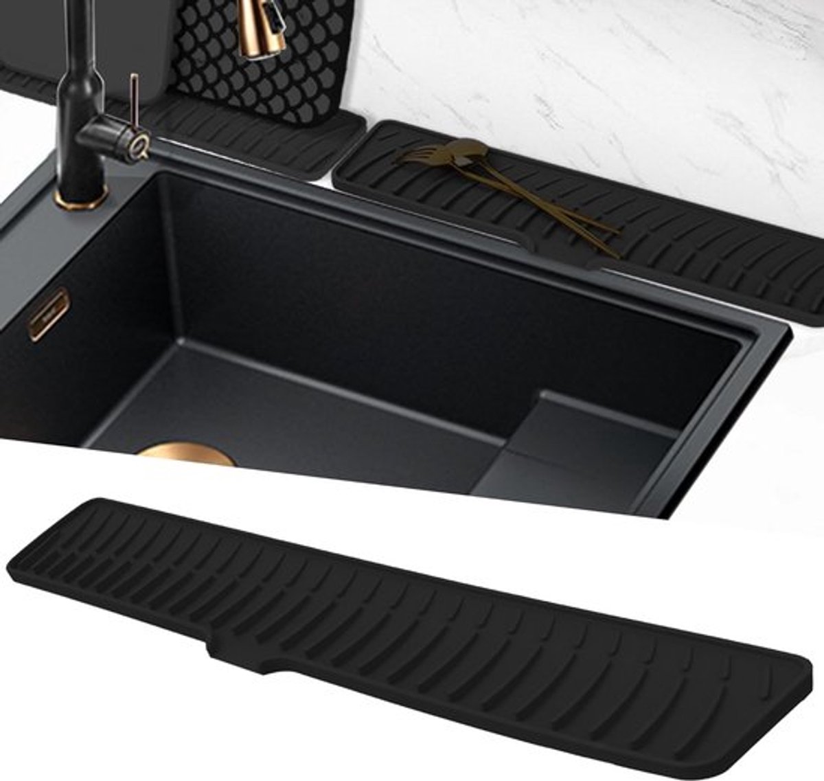 Smalle afvoermat, siliconen kraanmat, gootsteen droogmat, afvoerbeschermingsmat, afdruipmat voor keuken, badkamer (zwart, 60 cm)