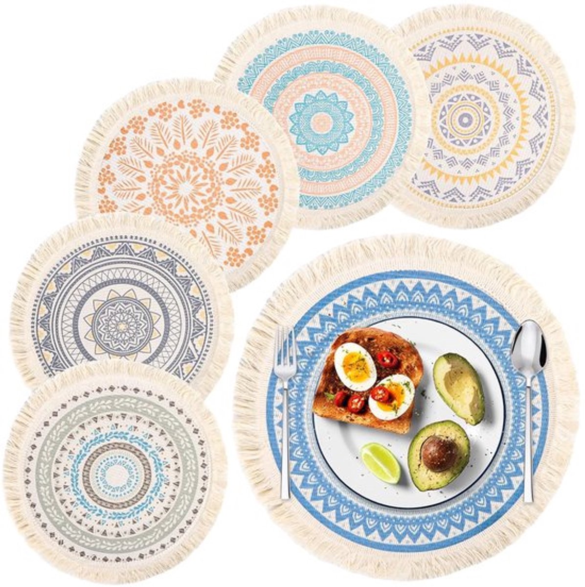 Boho placematten - set van 6 - rustiek - katoen - 33 cm