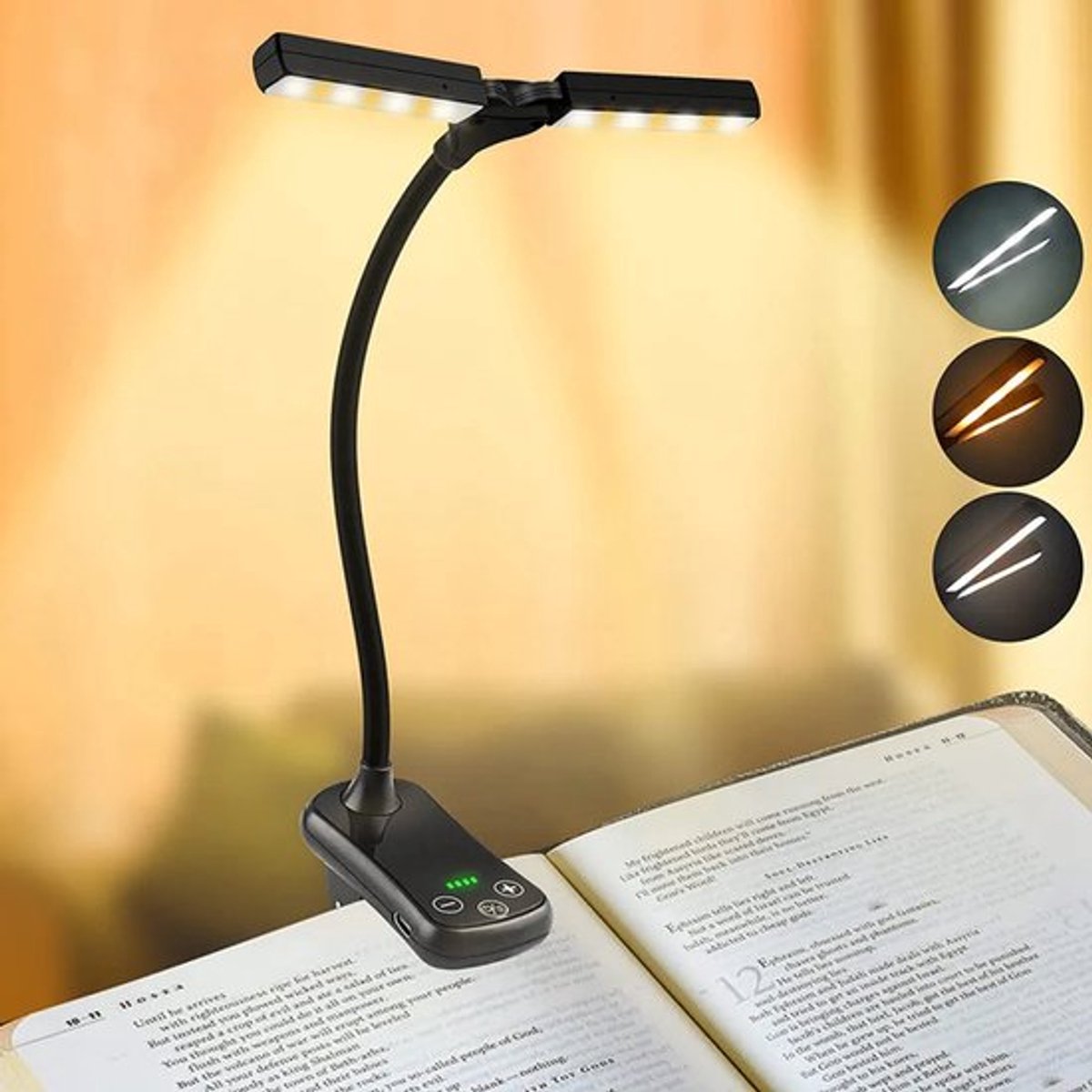 Leeslamp met clip, USB-oplaadbare cliplamp, nachtleeslamp met batterij-indicator, oogvriendelijke leeslamp met clip - zwart