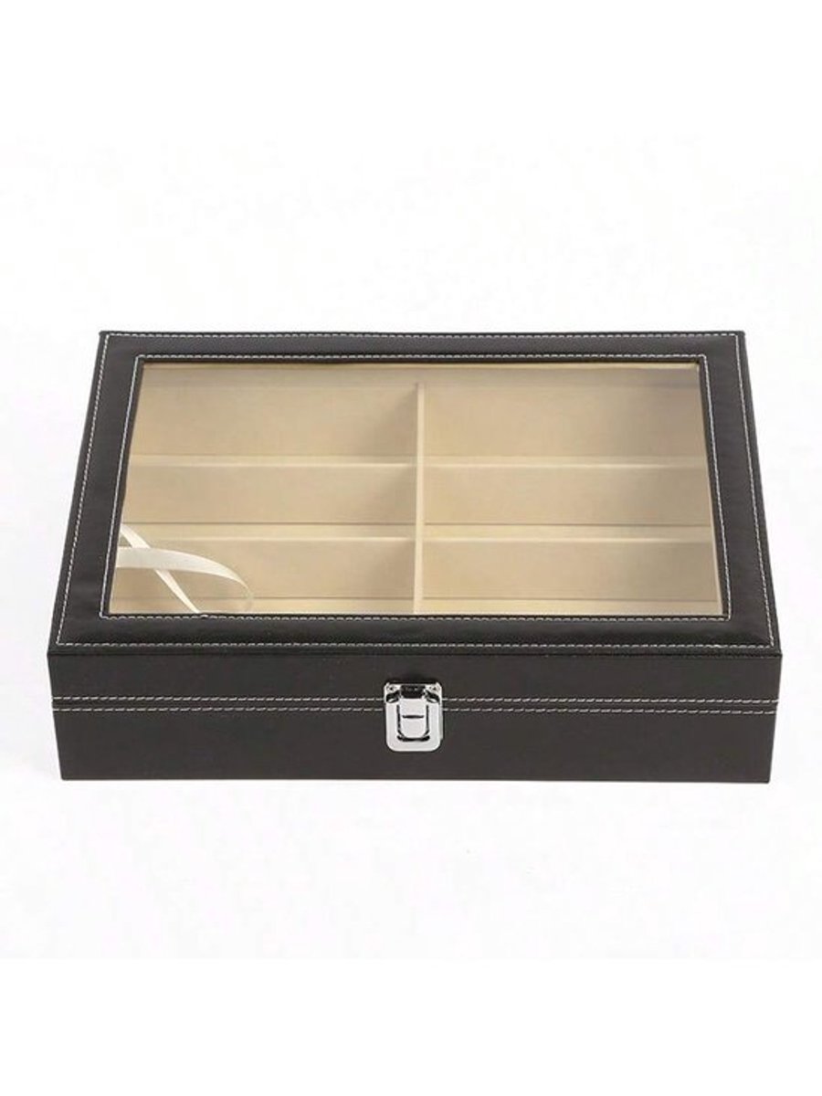 Brillendoos, 8 brillen, kunstleer, zonnebrillen organizer van PU-leer voor dames en heren, 10 x 35 x 26 cm, opbergdoos, zwart
