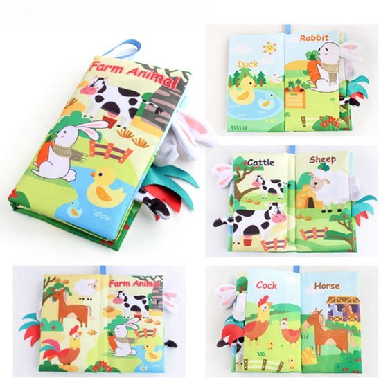 Pluchen speelgoed babyboek, tastbaar kreukelboek voor baby's, peuters en kleuters, interactief speelgoed voor de vroege ontwikkeling van jongens en meisjes en speelgoed voor kinderwagens (Ranch Animal Tails) van Merkloos — afbeelding 4
