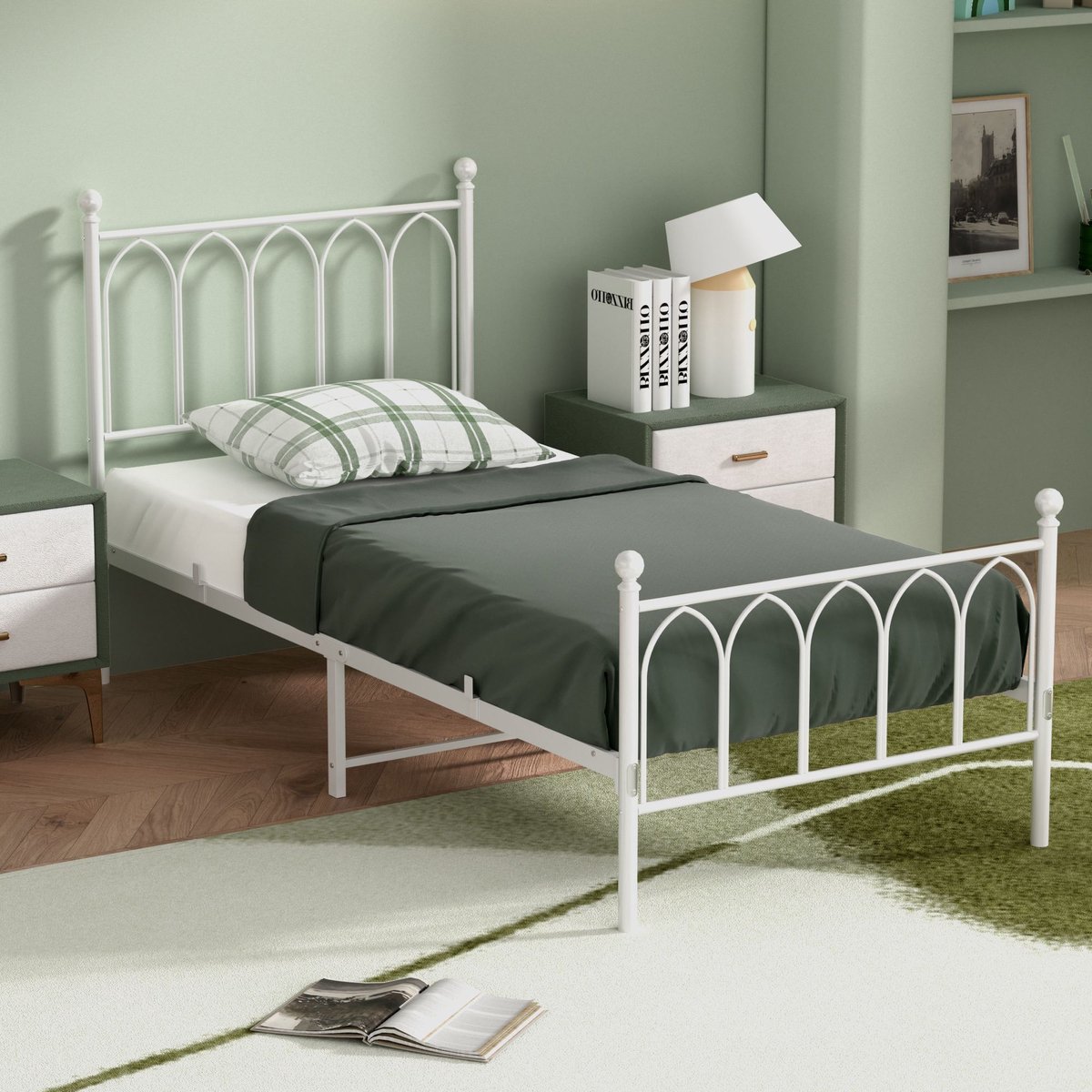 DESMIU Metalen Jeugd Bed 90x200cm – Eenpersoonsbed Met Onderbed Opbergruimte – Stalen Frame Met Lattenbodem – Jeugdkamer En Logeerkamer – Wit – Zonder Matras Eenpersoonsbedden