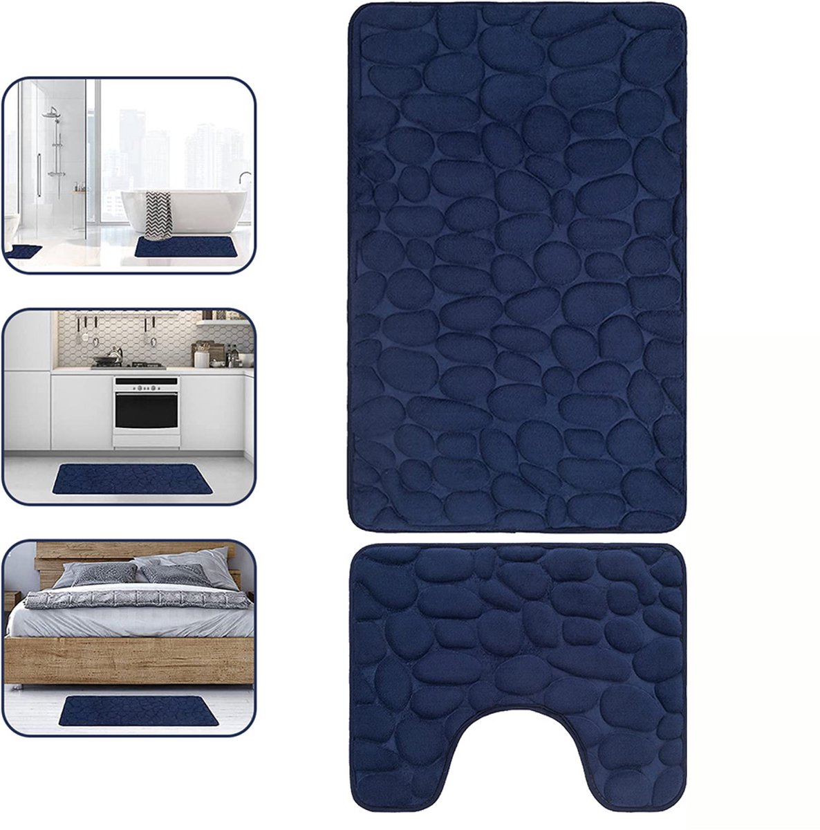 Badkamermattenset - Tweedelig - Antislipmat - Badkamerkleed - Absorberende en duurzame badmat - Zachte toiletbrilmat - Badkamermat - 40*50cm + 50*80cm - Marineblauw