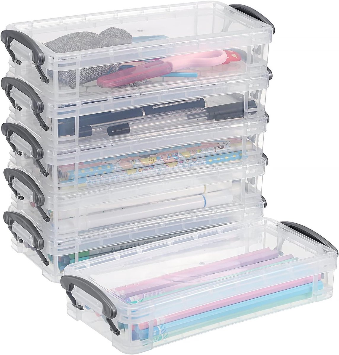 SnelShoppen - 6 Pack Stapelbare Doorschijnende Potlooddoos - Kantoorbenodigdheden, Opbergdoos voor Penselen, Aquarel Pennen, Tekening, School, Thuis,