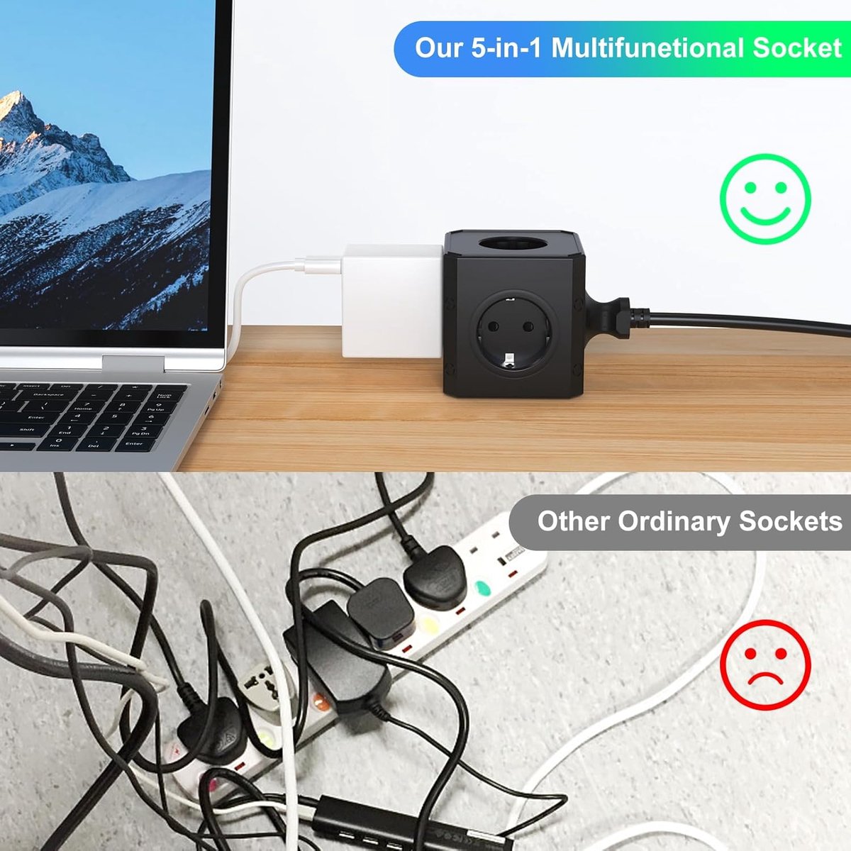 SnelShoppen - Stekkerdoos 5-voudig met Platte Stekker, Meervoudige Stopcontact Kubus voor Thuis, Kantoor en Reizen, 3 m Kabel, Zwart, Compatibel met D