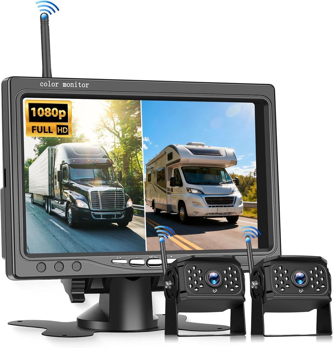 SnelShoppen - Draadloze Achteruitrijcamera IPS HD 7 inch - Kabelloos Kit met 2 Camera's - IP68 Waterdicht - Nachtzicht - Super Groothoek voor Vrachtwa