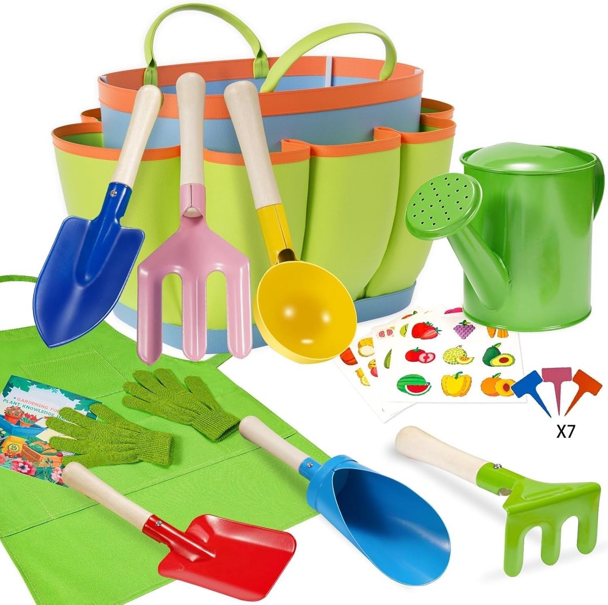 SnelShoppen - 12 Stuks Kids Tuingereedschap Set, 20CM Metalen Tuin Gereedschap, Lepel, Vork, Troffel, Hark, Schop, Cilinder Schep, Gieter, Handschoene