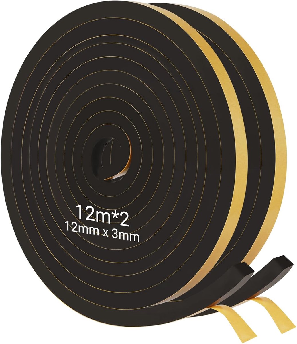 SnelShoppen - 2 Rollen 12m Zelfklevende Schuimtape, Zwart Schuimrubber Afdichtingstape, Ideaal voor Oude Gebouwen, Ramen en Vochtbestrijding