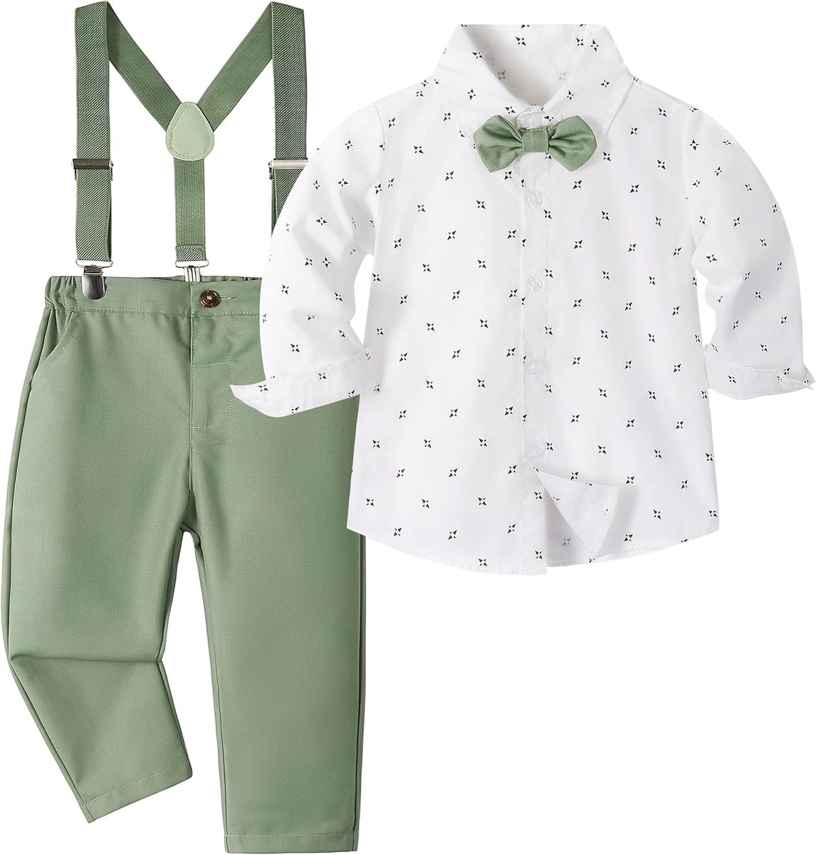 SnelShoppen - Volunboy Bruiloftsset voor Baby's en Kinderen, Katoenen Kledingset met Shirt, Afneembare Vlinderdas, Bretels en Broek, 4-delig voor Fees