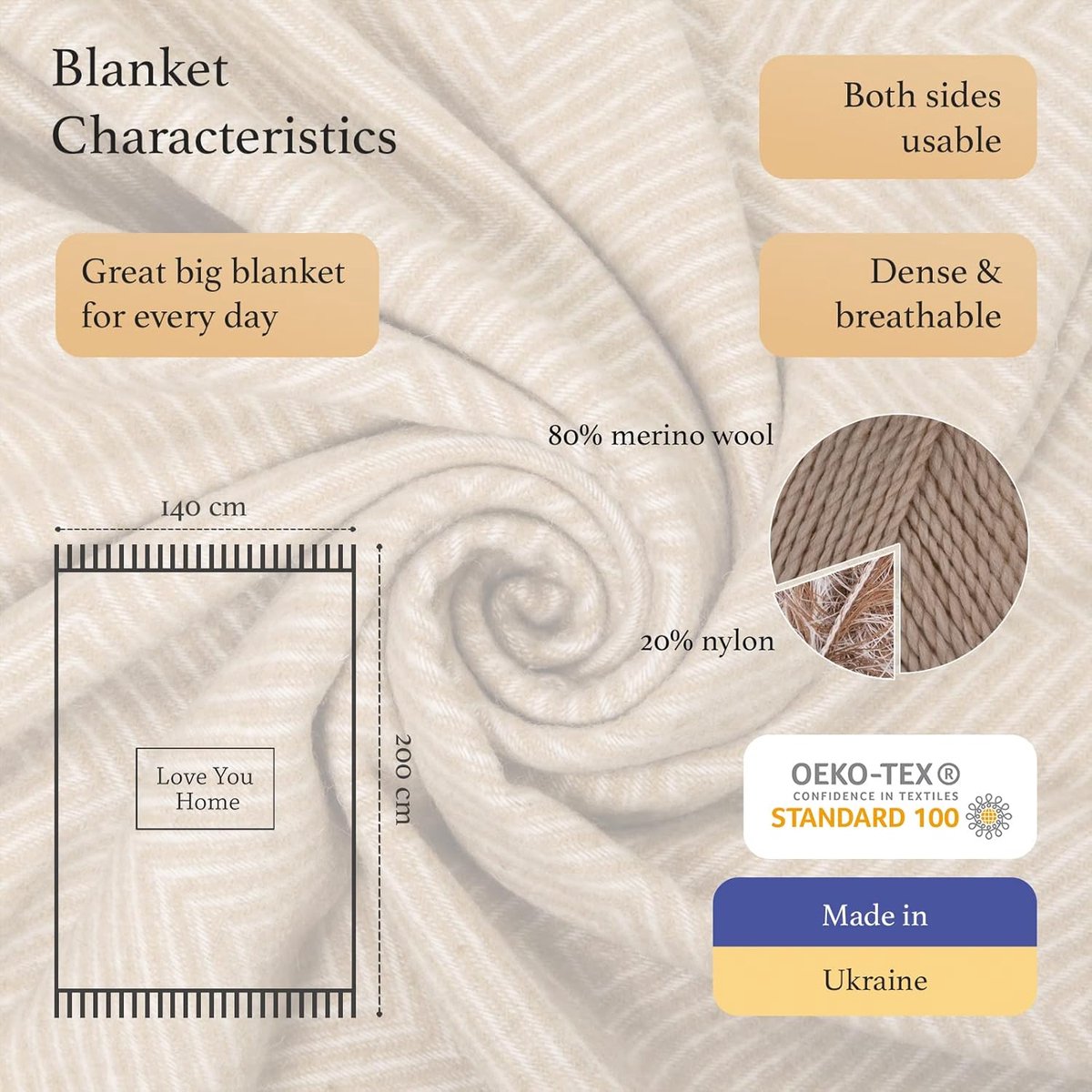 SnelShoppen - Merino Wollen Deken 140x200 cm - Zacht en Warm Plaid voor Sofa, Bed of Camping - Beige met Wit Ruitpatroon - Perfect voor Elk Seizoen