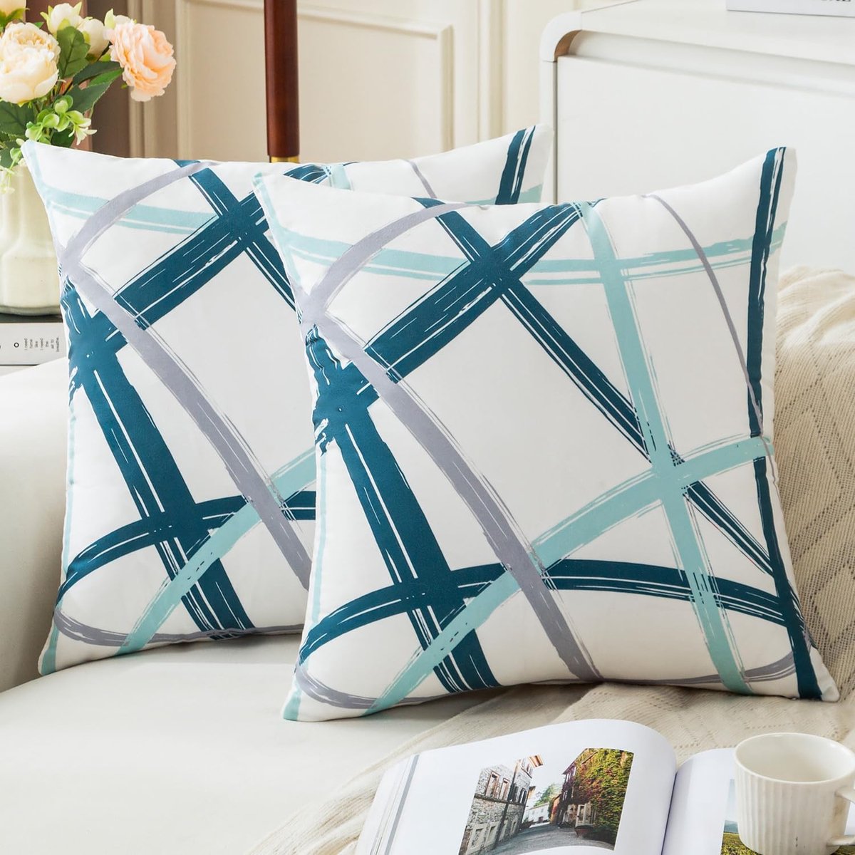 SnelShoppen - Set van 2 Geometrische Kussenhoezen 50x50 cm - Blauw Groen Turquoise Grijs - Luxe Velours Decoratieve Kussens voor Bank, Slaapkamer, Woo