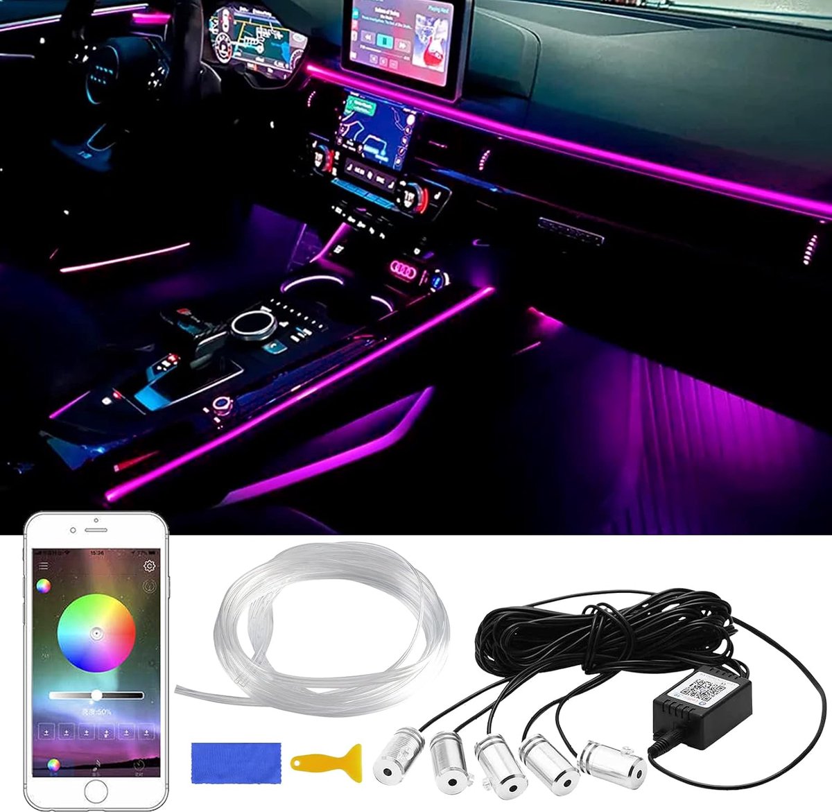 SnelShoppen - Car LED Binnenverlichting Strip 5-in-1, 16 Miljoen Kleuren, 6M Fiberglass, Multi-Color RGB, Geluidsactieve Auto Ambient Verlichting, Blu