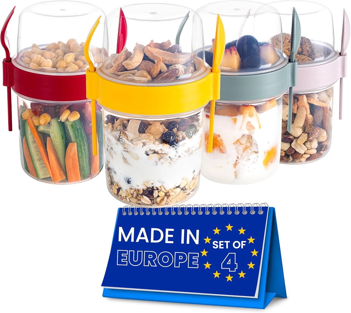 SnelShoppen - Muesli Cup To Go Set van 4 Yogurt Cups met Lepel en Vork, 600 ml, Lekvrije Cereal Cups voor Ontbijt en Snacks met Kindvriendelijk Design