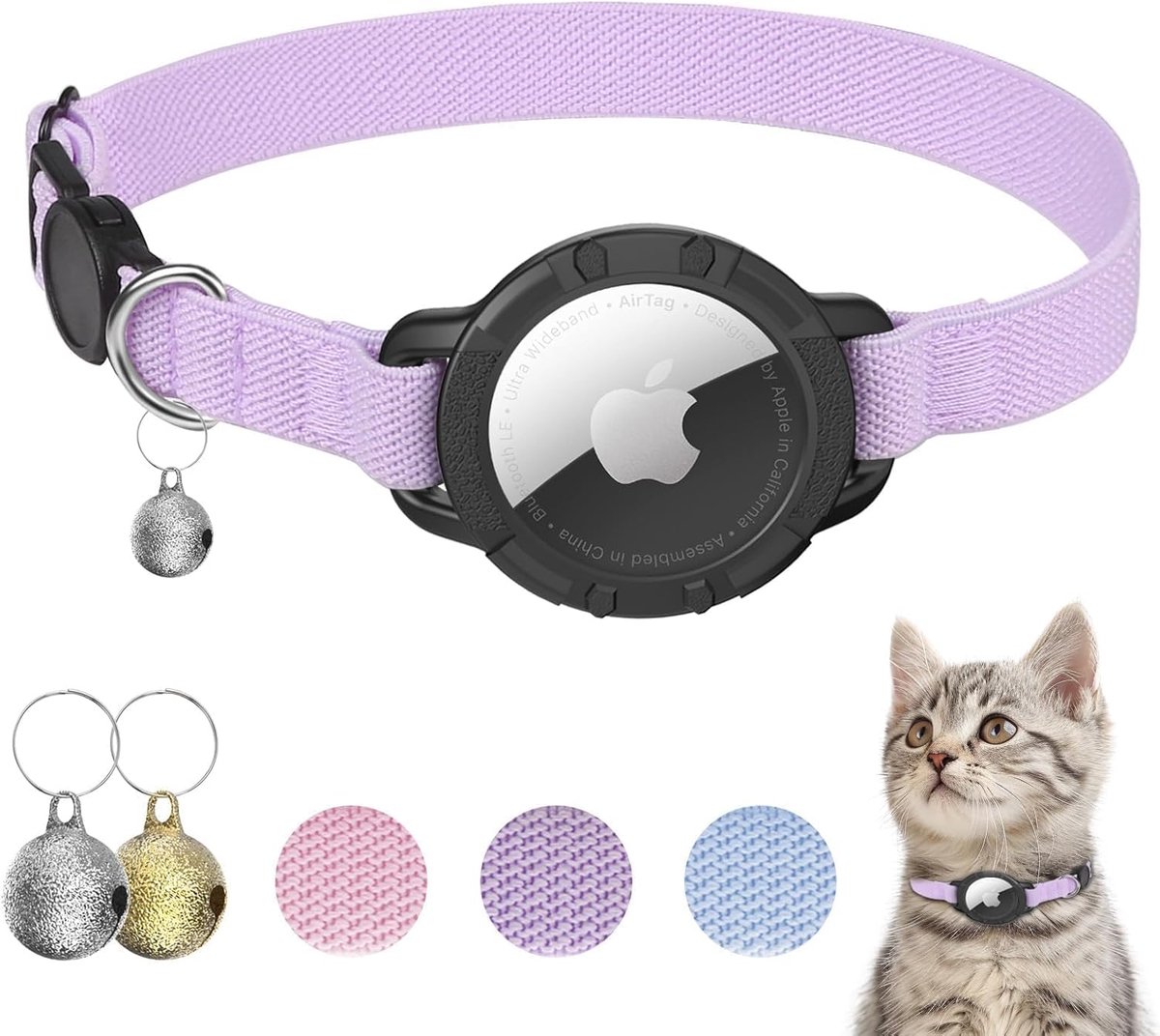 SnelShoppen - Airtag Kattenhalsband, Rekbare Kattenhalsband met Veiligheidsluiting, AirTag Beschermhoes en Bel, Licht en Comfortabel voor Katten, Kitt
