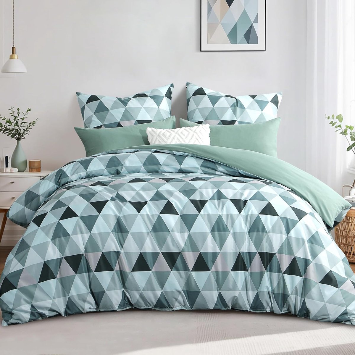 SnelShoppen - Luxe 3-delige Bedlinnen Set 200 x 200 cm - Groene Dekbedovertrek met Driehoek Motief - Zachte Microvezel - Inclusief 2 Kussenslopen 80 x