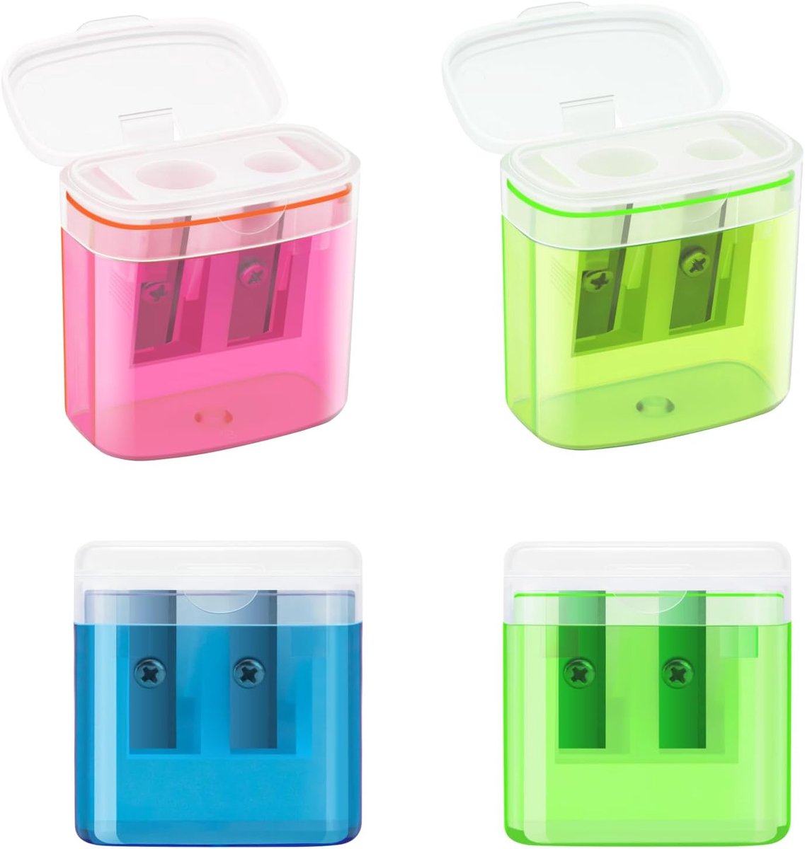 SnelShoppen - Pencil Sharpener met Houder, 4 Kleuren, Dubbele Gaten en Deksel, Handheld Potloodslijper voor Dikke en Dunne Potloden, Leuk voor Kindere