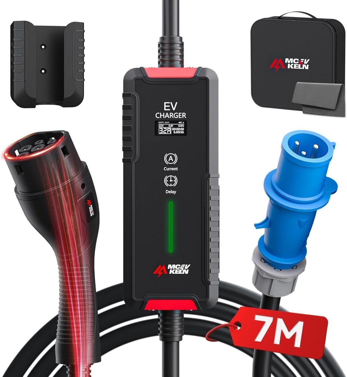 SnelShoppen - EV Charger Type 2 naar CEE Plug 7M - 7KW 32A Mobiele Oplader voor Elektrische Auto's - 6-32A Schakelbare Stroom met Vertragingstimer