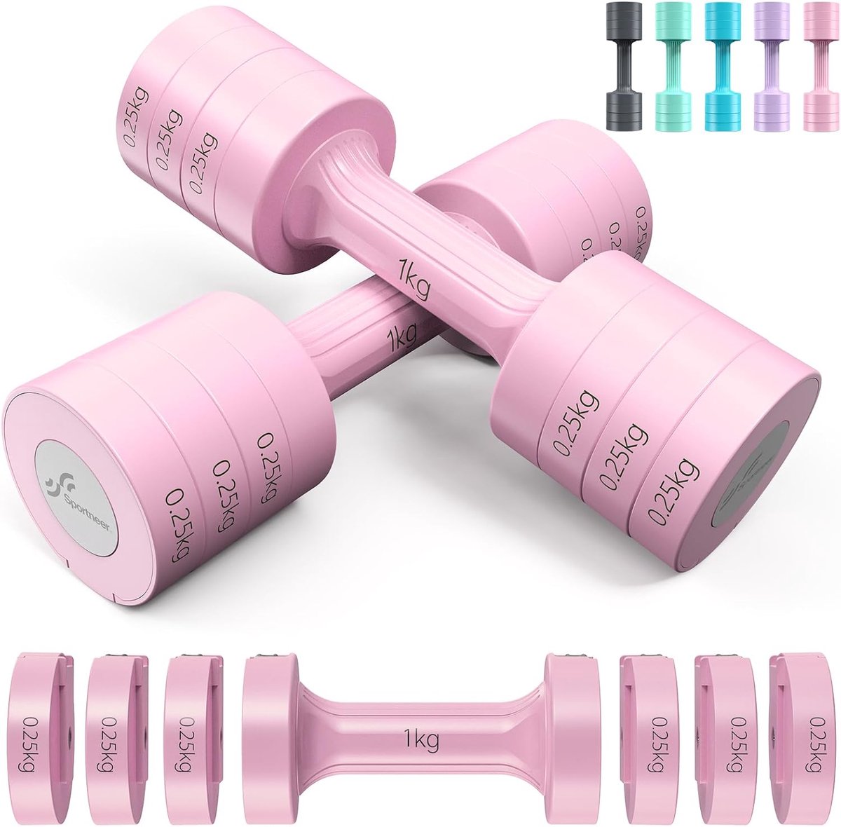 SnelShoppen - 4-in-1 Verstelbare Dumbbell Set voor Vrouwen - Ideaal voor Thuis Gym, Fitness Training, Kleur: Roze, Gewicht tot 5kg per Paar, Perfecte