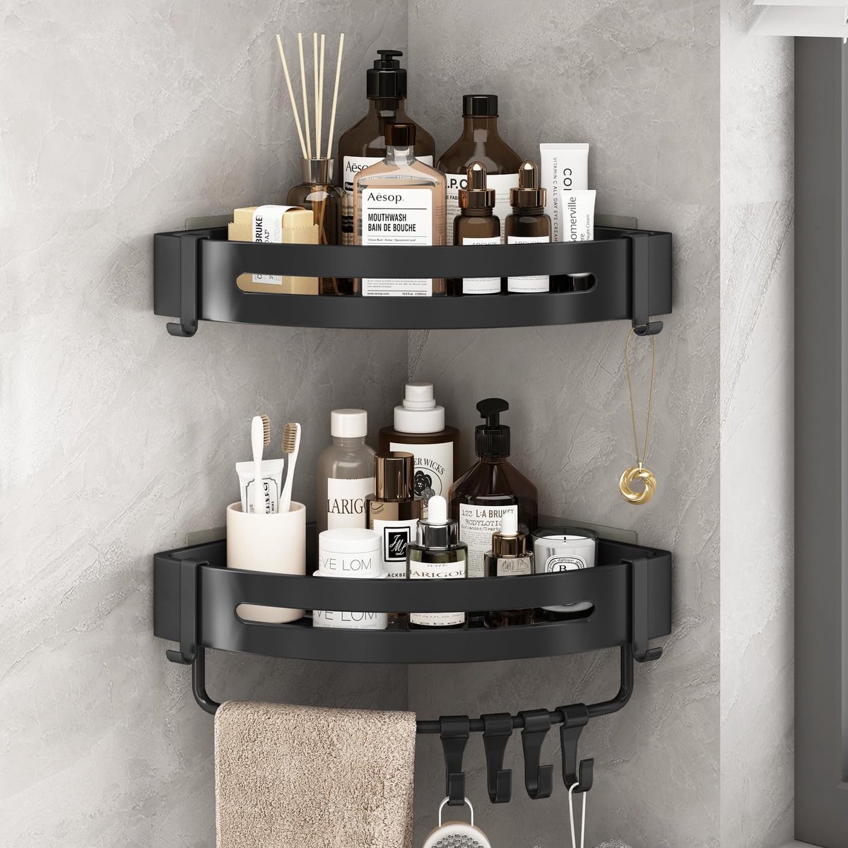 Thijox - Hoekdouche Caddy Set van 2 - Zelfklevende Douche Organizer zonder Boren - Zwarte Shampoohouder met Haken en Handdoekstang voor Badkamer en Na