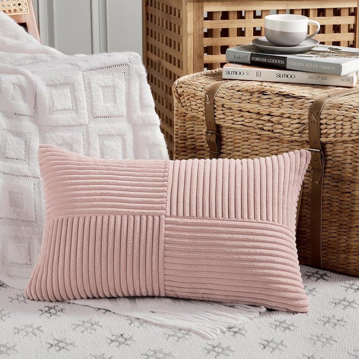 SnelShoppen - Modern Roze Corduroy Kussenhoezen 30x50cm - Zachte Decoratieve Kussens met Onzichtbare Rits voor Sofa en Slaapkamer - Trendy Kruispatroo
