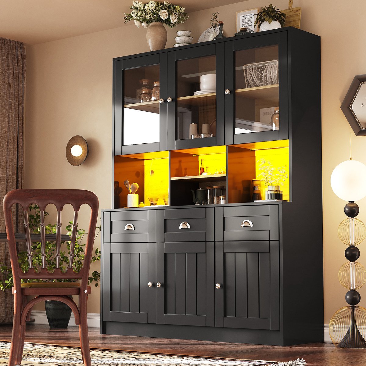 Wishdor - Keukenkast - Hoge buffetkast met vitrinedeuren, 3 lades en verstelbare planken - retro stijl voor keuken of eetkamer - houtlook zwart - 140 x 40 x 175 cm
