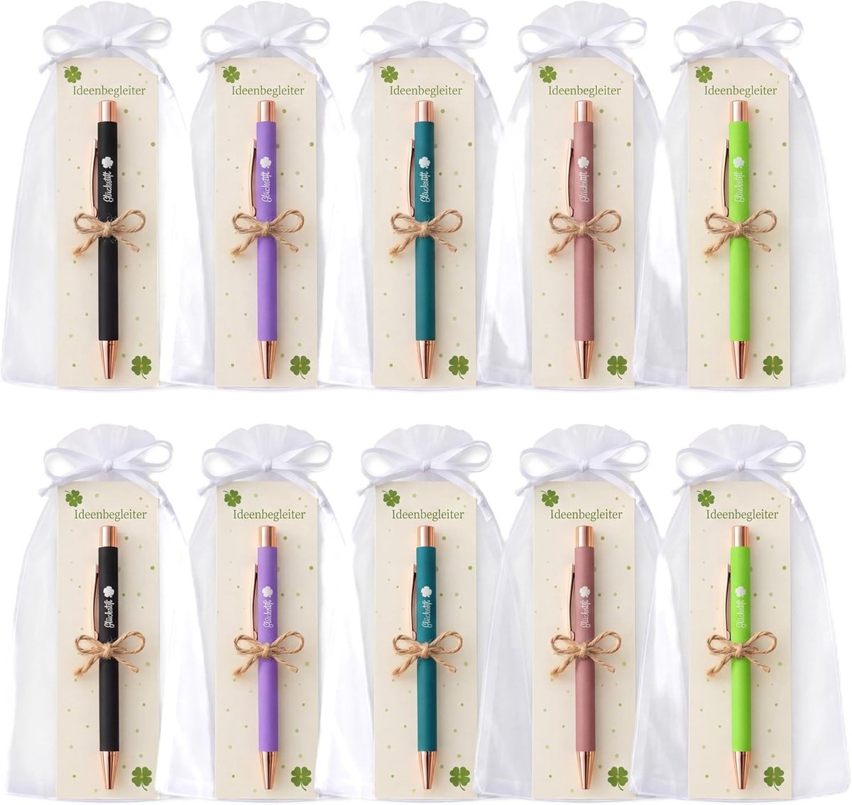 SnelShoppen - 10 Lucky Pens Gift Set - Kleine Bedankjes voor Collega's, Leraren, Trouwen, Verjaardagscadeaus met Organza Tassen en Wicker Koord