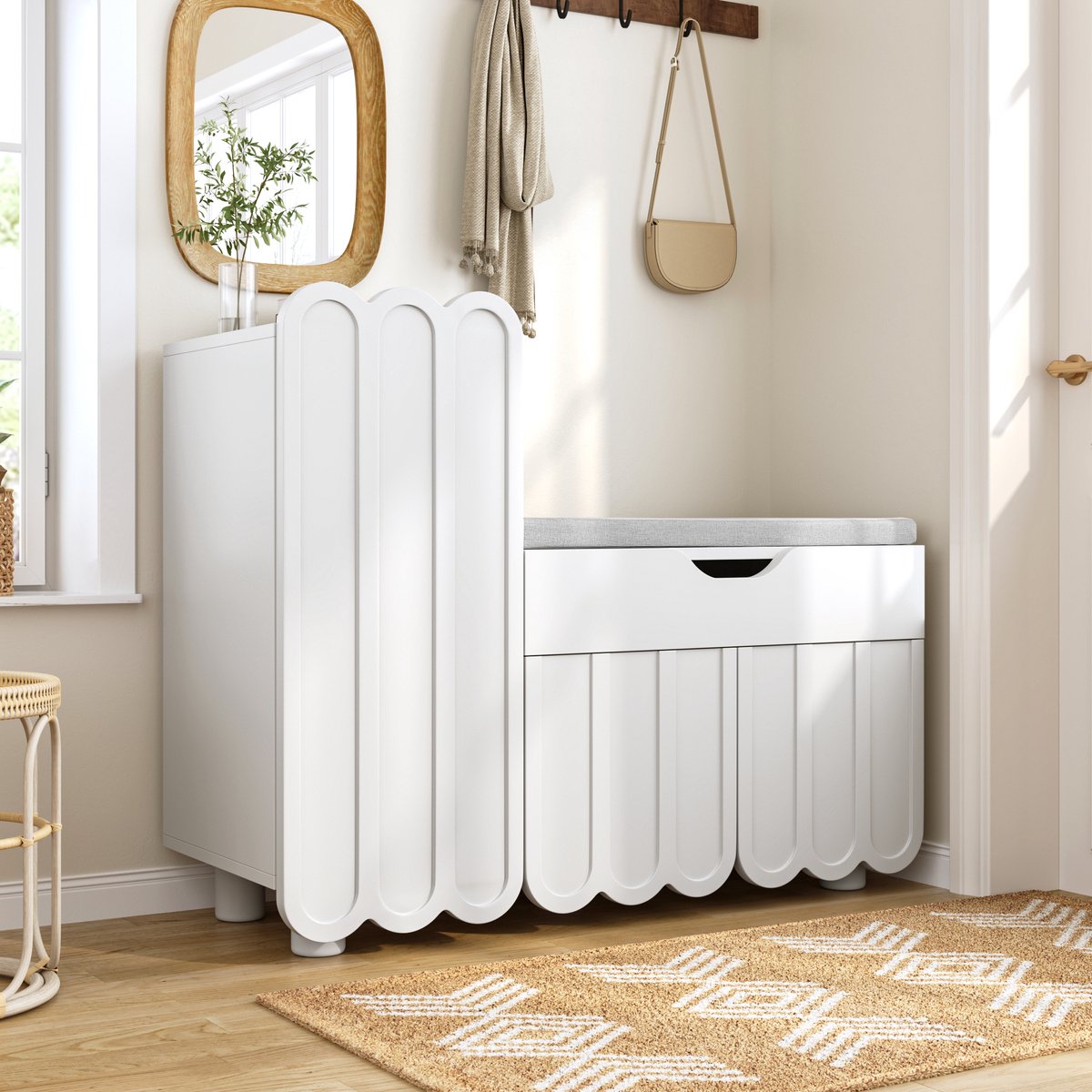 Wishdor - Schoenenkast - 3 deuren met lade en zitkussen - modern - voor hal en entree - houtlook - wit - 90 x 35 x 74,5 cm
