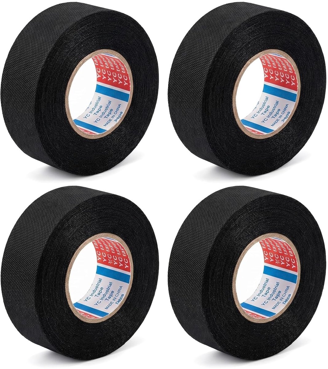SnelShoppen - Woven Tape 4 Stuks Hittebestendige Zelfklevende Tape, Zwarte Isolatietape, 19mm x 15m voor Auto, Huishouden, Elektronica, Werkplaats