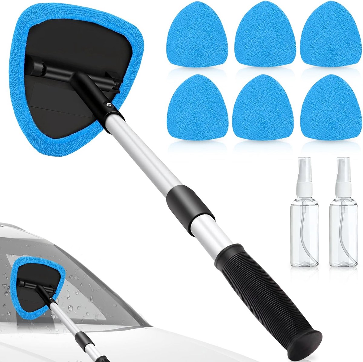 SnelShoppen - Car Window Cleaner Set - 9 Delen - 180° Draaibaar Ruitveger met 6 Microfiber Pads en 2 Sprayflessen - Voor Auto Ruiten en Binnenramen -