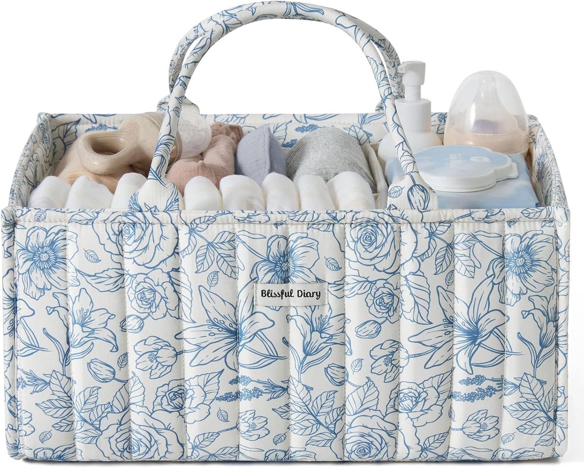 SnelShoppen - Diaper Bag Organizer voor Baby Essentials, Floral Diaper Caddy met Handvatten en Verdeelwanden, Blauw Bloemen Motief, Perfect als Baby S