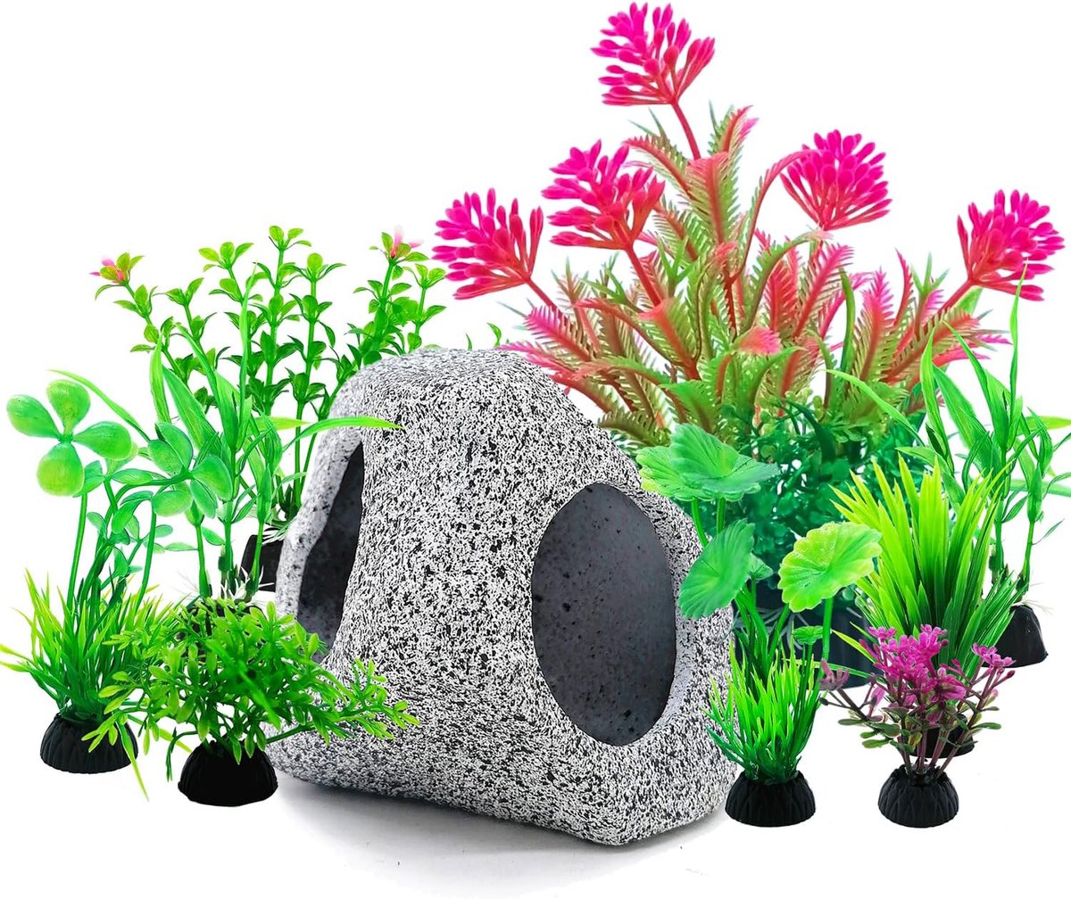 SnelShoppen - 10-delige Aquarium Decoratie Set met Kleurige Plastic Planten en Keramische Schuilplaatsen voor Betta Vissen, Garnalen, Guppy's en Slakk