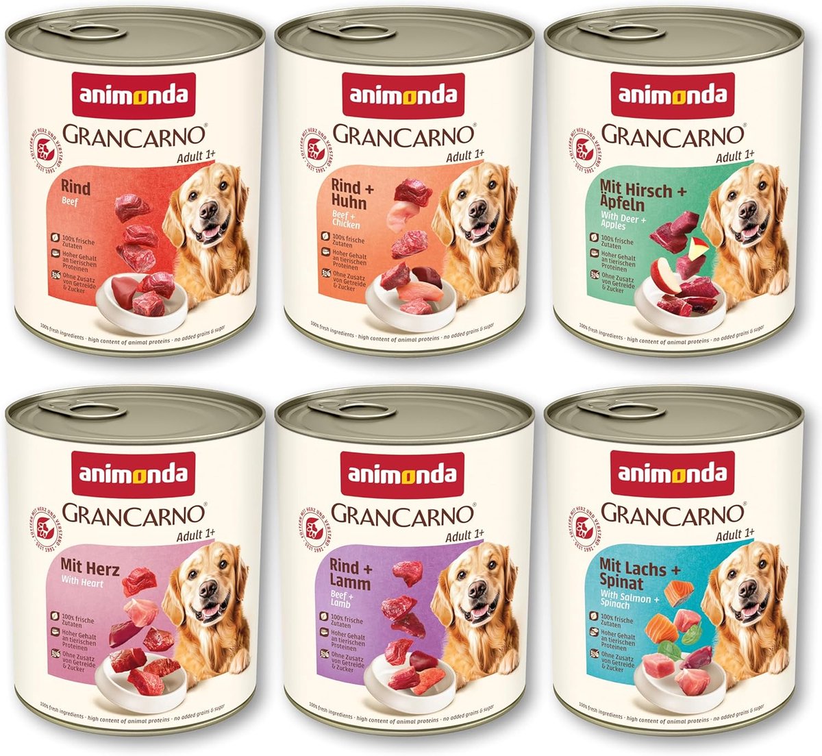 SnelShoppen - GranCarno Natvoer voor Honden, Heerlijke Variëteit (6 x 800 g), Graanvrij Hondennatvoer zonder Suiker, Vers Vlees van Rund, Lam en Kip v