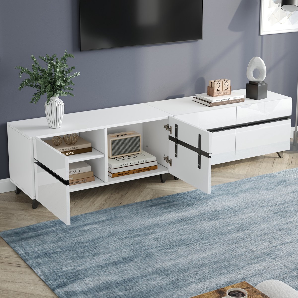 Wishdor - TV meubel - hoogglans front - 4 kasten met verstelbare vakverdeling - modern lowboard voor woonkamer - houtlook wit met zwarte lijnen - 180 x 40 x 49 cm