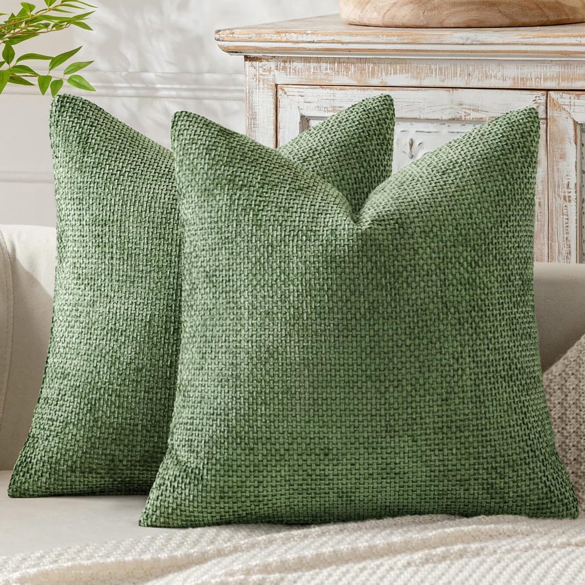 SnelShoppen - Kussenhoezen 50x50 cm Set van 2 Chenille Matcha Groen Zachte Decoratieve Kussens voor Bank, Bed en Woonkamer
