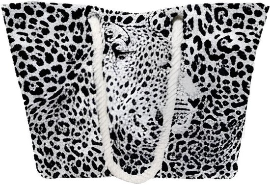Sac de plage noir et blanc imprimé léopard avec anse en corde, isolé sur fond blanc.