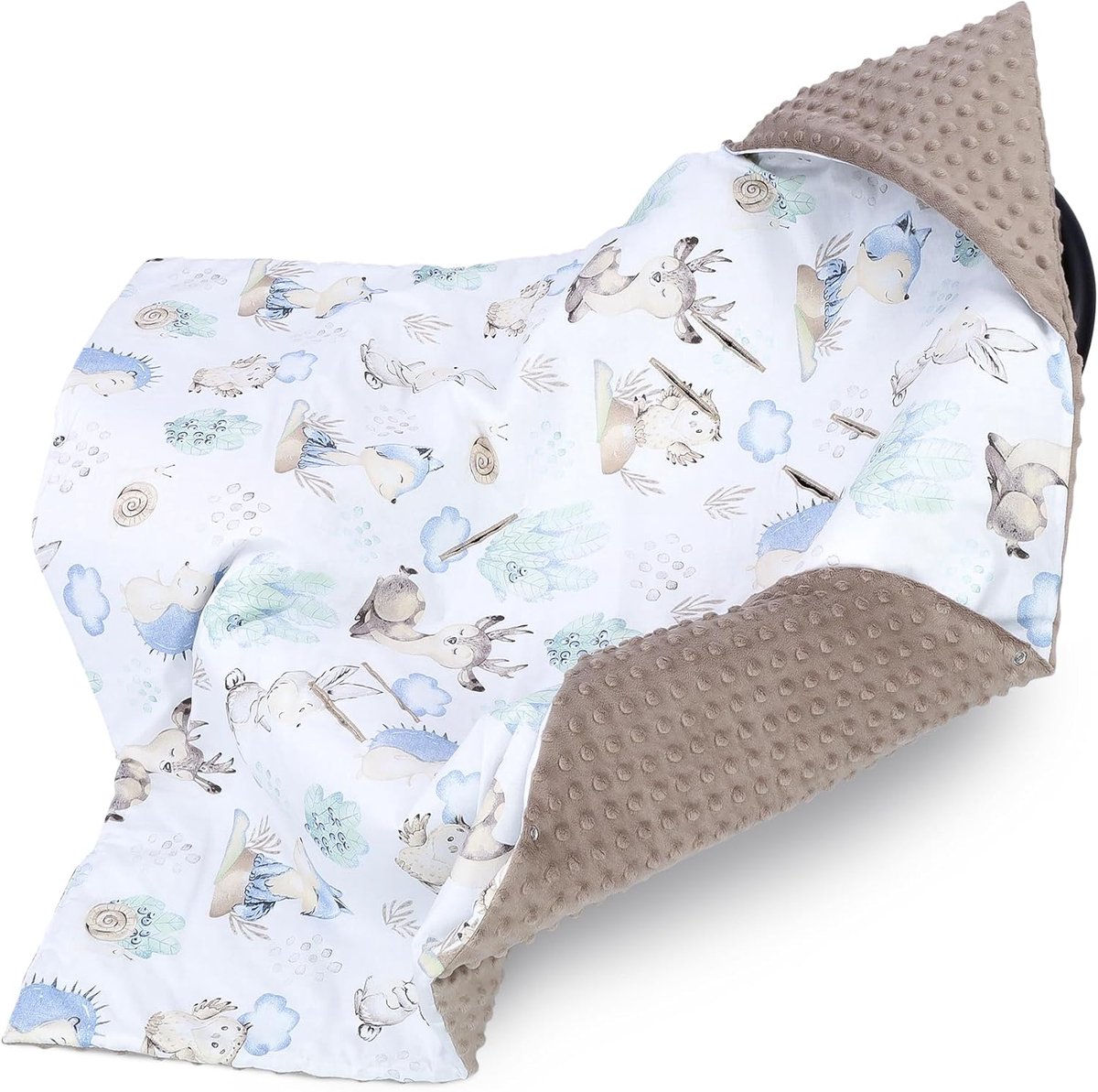 SnelShoppen - Inbakerdeken voor autostoel en kinderwagen - Zachte Minky babydeken dubbelzijdig met capuchon - 90x90 cm Egel kaki - Oeko-Tex - Hele jaa