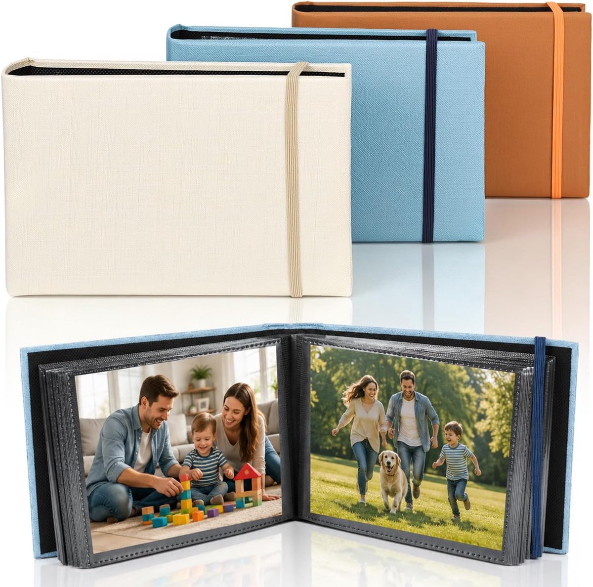 SnelShoppen - Fotoalbum Set 3-delig 10x15 cm, Insteekalbum voor 300 Foto's, Mini-Fotoboek in Blauw, Lichtbruin en Crème, Ideaal voor Familie, Bruiloft