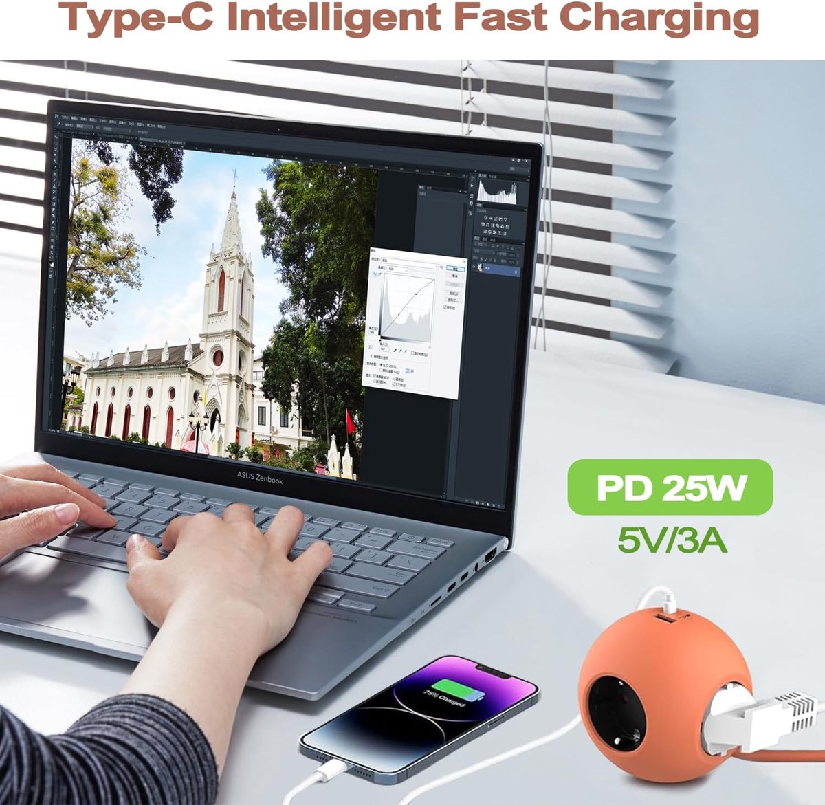 SnelShoppen - 6-in-1 Stekkerdoos Cube met 3 AC Stopcontacten en 3 USB Poorten, 25W PD Snellader, 3680W/16A, 1.8m Kabel voor Thuis, Kantoor en Reizen