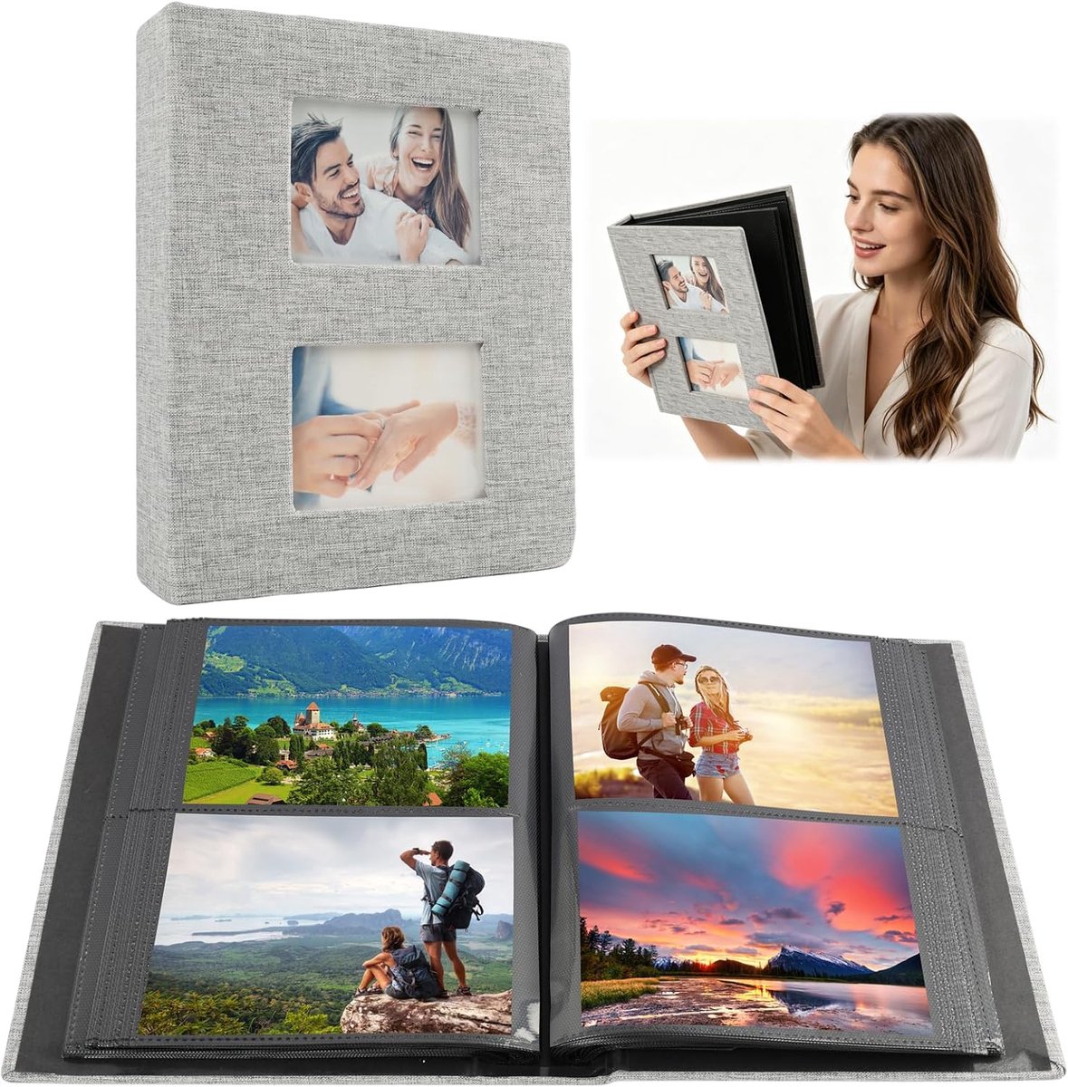 SnelShoppen - Fotoalbum Insteekalbum Grijs 10x15 cm voor 200 Foto's - Linnen Fotoalbum voor Bruiloften, Familiefeesten en Speciale Herinneringen